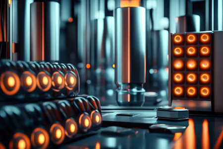 An array of lit components illuminates a sophisticated control room, showcasing advanced technology and design.の写真素材