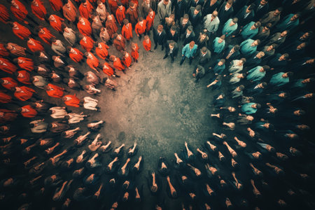 A colorful crowd forms a circle, symbolizing unity and collaboration.の写真素材