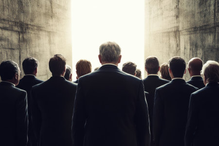 A group of men in formal attire face a bright light in a dark corridor, their backs turned to the viewer.の写真素材