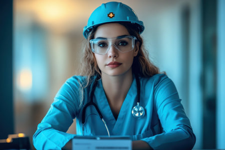 A healthcare worker wearing a blue uniform, protective glasses, and a helmet is preparing for medical tasks.の写真素材