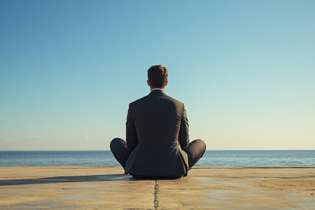 A suited man sits cross-legged by the shore, calmly observing the sunset over the tranquil sea.の写真素材