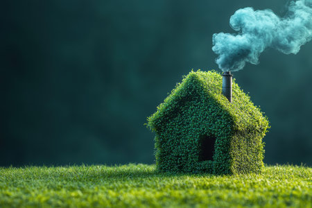A small, lush house made of greenery emits smoke from its chimney, surrounded by vibrant grass.の写真素材