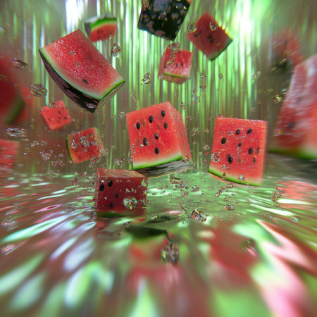 Watermelon cubes are suspended and splashing in a colorful aquatic environment, showing refreshing fun.の写真素材