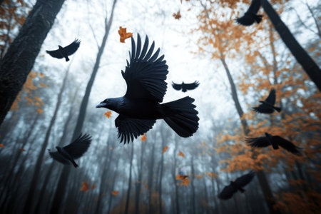 Crows glide gracefully in a foggy forest, surrounded by the vibrant orange and yellow of fall leaves.の写真素材