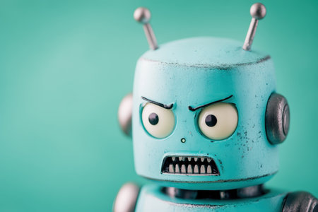 An expressive vintage robot toy displays a frown and sharp teeth, capturing attention with its vibrant colors.の写真素材