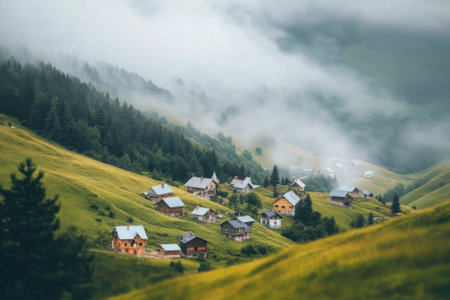 A peaceful village sits among lush green hills, enveloped in morning mist under a cloudy sky.の写真素材