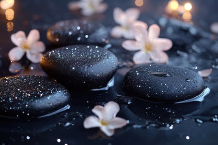 Black stones with shimmering reflections rest on calm water, encircled by soft flowers at dusk.の写真素材