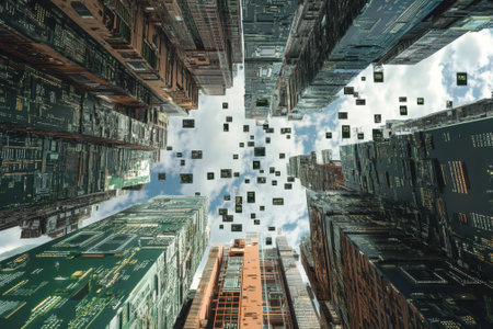 Vertical perspective of a futuristic cityscape with digital elements and floating data cubes against a cloudy sky.の写真素材