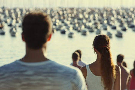 People enjoy a scenic view of a marina bustling with numerous boats as the sun shines brightly overhead.の写真素材