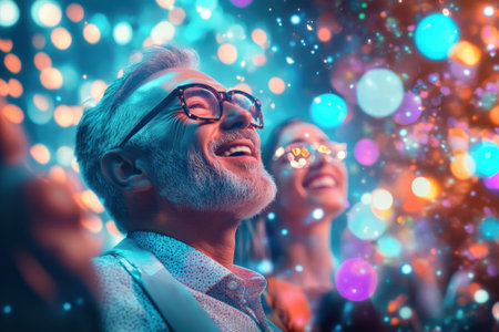 Friends enjoy a lively moment at a celebration, surrounded by bright, colorful lights and laughter.の写真素材