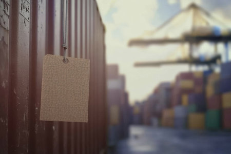 A cargo tag is suspended in a busy shipping port with stacked containers in the background under daylight.の写真素材