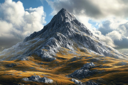 A towering mountain rises above golden grassy slopes under a dramatic cloudy sky.の写真素材