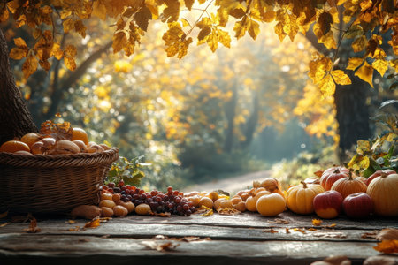 A basket filled with fruits sits on a wooden table surrounded by colorful autumn leaves and sunlight.の写真素材