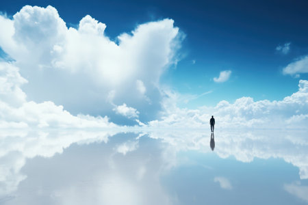 A solitary figure stands on a vast, reflective surface, gazing at a clear blue sky adorned with fluffy clouds.の写真素材