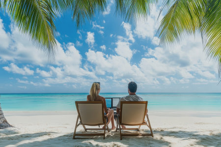 Two individuals sit in lounge chairs on a sandy beach, using laptops under swaying palm trees with clear skies.の写真素材