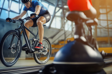 Cyclist focuses on speed and technique while training indoors at a well-equipped sports center.の写真素材