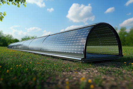 A modern solar greenhouse sits on grassy land, reflecting innovative agricultural practices in a sunny environment.の写真素材