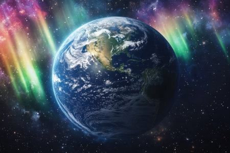 Earth is vividly illuminated by vibrant auroras, showing its beauty against a star-filled cosmos.の写真素材