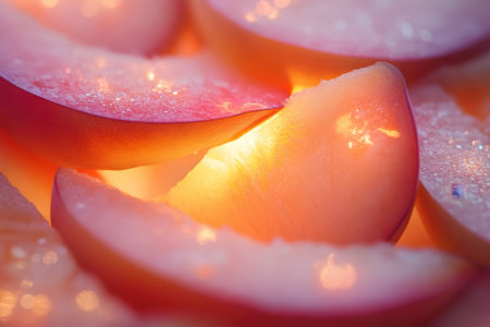 Juicy fruit slices are arranged artistically, illuminated by soft warm light, creating a vibrant display.の写真素材