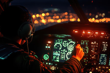 Piloting a helicopter at night, the pilot focuses on controls while city lights illuminate the landscape below.の素材