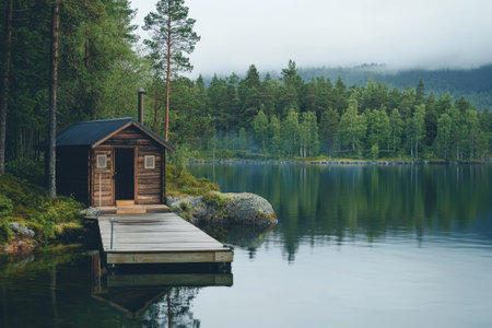 A wooden cabin sits peacefully by a still lake, with mist hovering over the trees at dawn.の写真素材