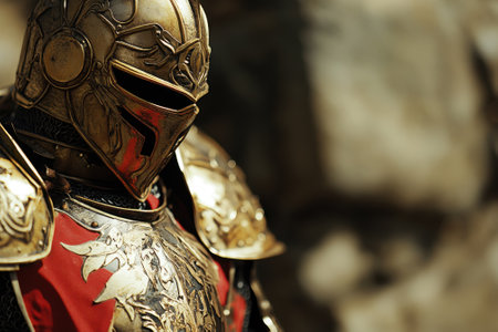 A knight clad in intricate armor stands proudly, showing detailed craftsmanship and design in strong sunlight.の写真素材