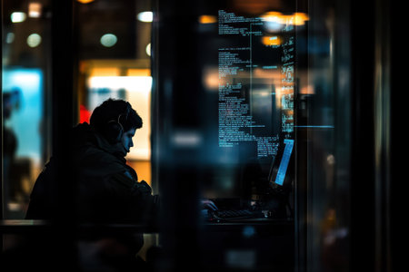 A person is focused on coding in a dimly lit environment, surrounded by glowing screens displaying code.の写真素材