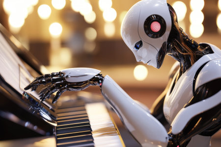 A humanoid robot skillfully playing a grand piano, surrounded by soft lighting creating an intimate atmosphere.の写真素材