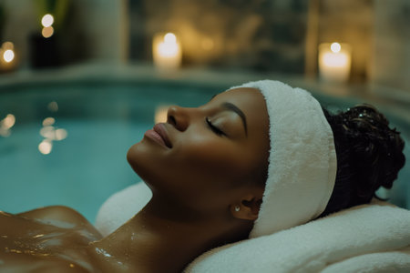 A woman enjoys a soothing spa treatment, surrounded by candlelight and a serene atmosphere.の写真素材
