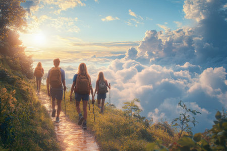 Groups of hikers trek along a winding path with breathtaking clouds and a colorful sunset ahead.の写真素材