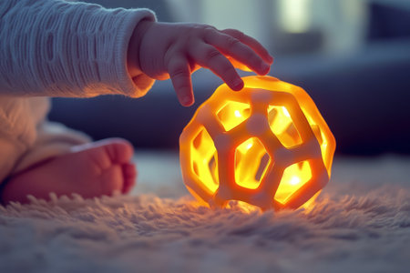 A small child gently reaches for a luminous toy on a plush carpet, surrounded by warm, soft lighting.の写真素材