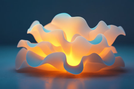 A delicate light sculpture emits a warm glow, enhancing the tranquil ambiance of the indoor space.の写真素材