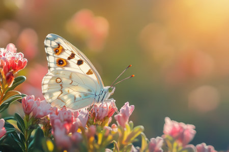A colorful butterfly delicately rests on pink flowers, enjoying the warm light of a sunset in a tranquil garden.の写真素材