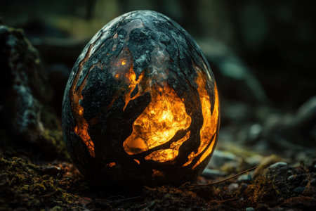A unique glowing egg rests among rocky terrain, casting an enchanting light in the twilight forest atmosphere.の素材