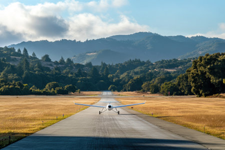 A small airplane is lined up on a rural runway, ready for takeoff with scenic mountains in the background.の写真素材