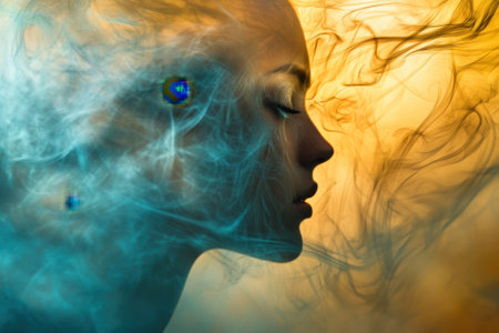 A woman's silhouette is enveloped in vibrant blue and orange smoke, symbolizing emotions and imagination.の写真素材