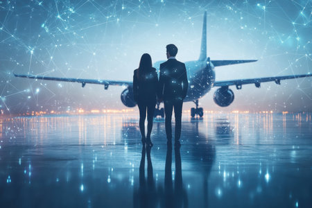A pair stands hand in hand near an airplane, surrounded by digital connections in the twilight.の写真素材