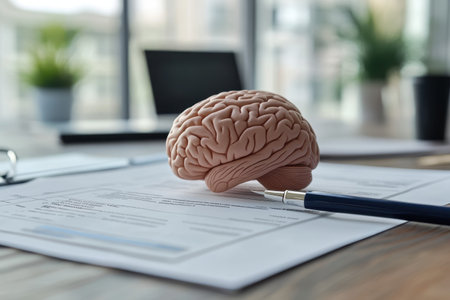 A brain model rests on documents with a pen, representing the intersection of knowledge and research in science.の写真素材