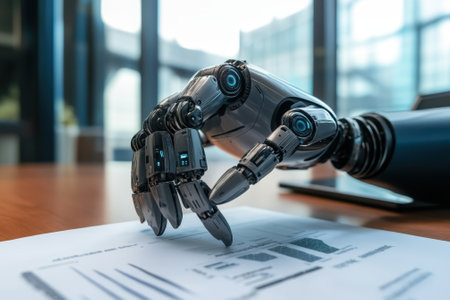 A robotic hand reviews important business papers on a polished table in a contemporary office.の写真素材