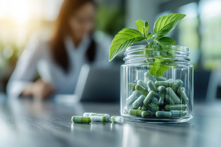 A glass jar holds herbal capsules alongside a sprig of mint in a sunlit office, with a person working nearby.の写真素材