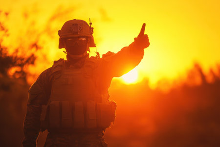 A soldier stands proudly against a stunning sunset, raising one hand in a gesture of communication and strength.の写真素材