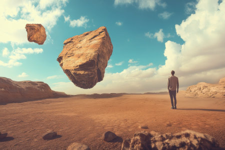 A person stands in a vast desert, gazing at large rocks suspended in mid-air against a bright sky.の写真素材