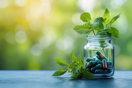 Capsules fill a glass jar alongside vibrant mint leaves, creating a serene and natural atmosphere.の写真素材
