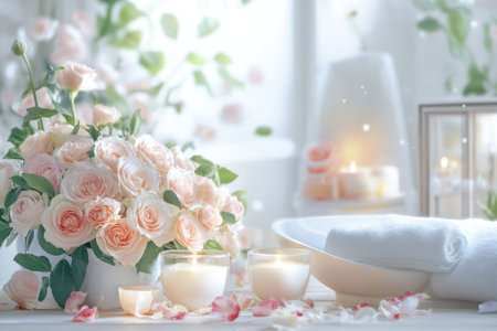 Delicate pink roses are arranged in a vase alongside glowing candles in a serene, dreamy atmosphere.の写真素材