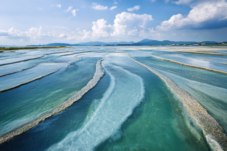 Breathtaking natural patterns form as turquoise waters flow across a coastal area under bright skies.の写真素材