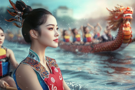 Brightly dressed women row a dragon boat while competing in a colorful festival by the water.の写真素材