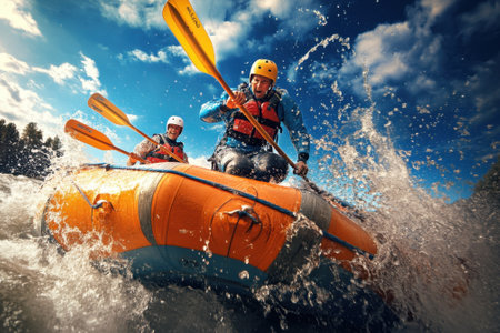 Two people navigate a fast-flowing river while rafting, creating dynamic splashes against a clear blue sky.の写真素材