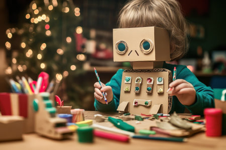 A young child is joyfully building a cardboard robot with colorful decorations at a cozy table.の写真素材