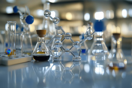 Lab workspace featuring glass beakers, flasks, and a prominent molecular model amid various chemicals.の写真素材