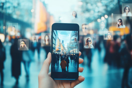 A person holds a smartphone displaying city life while digital images of people are superimposed above the scene.の写真素材